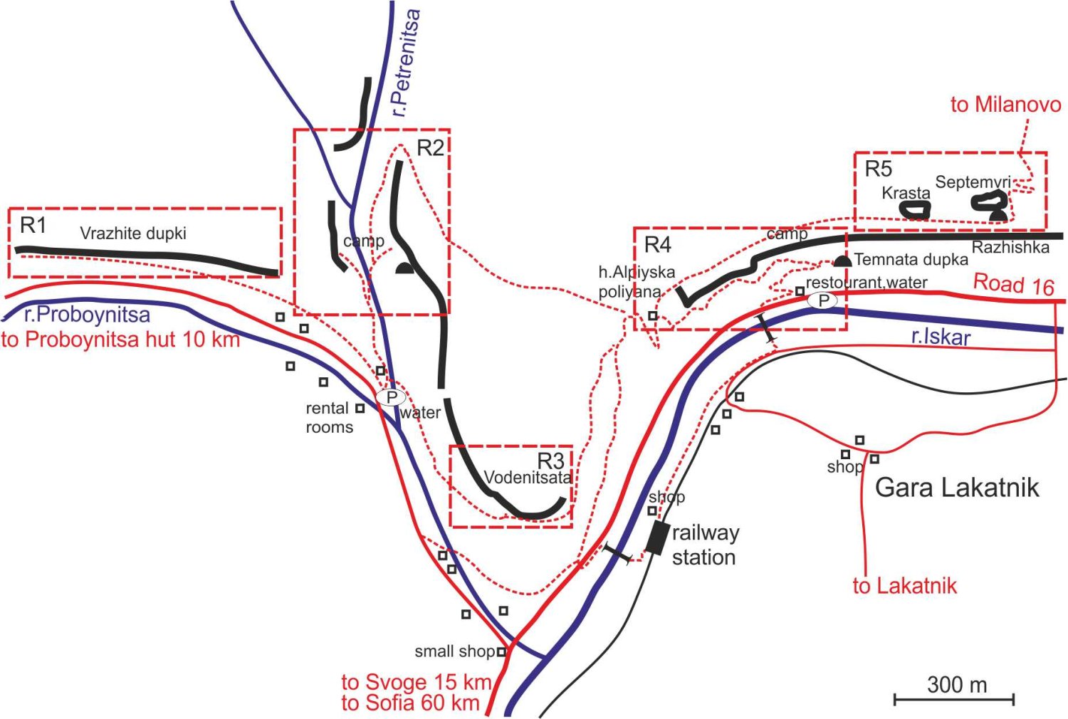 Карта на районите за катерене около гара Лакатник