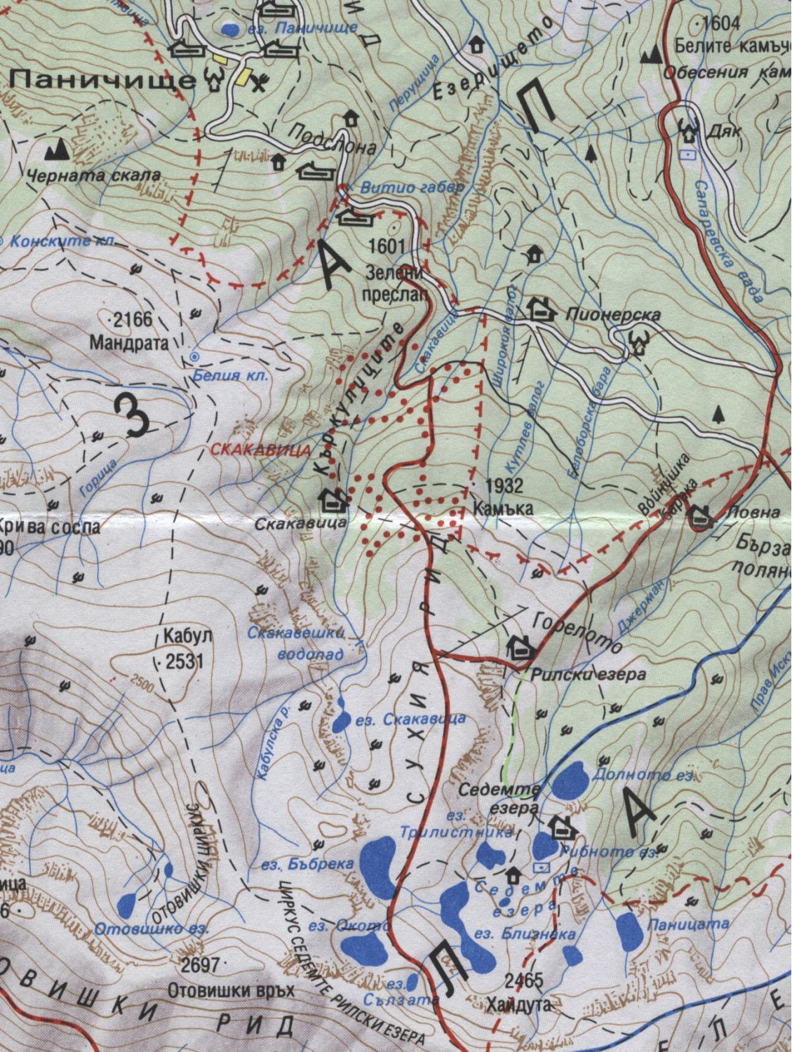 Карта с катерачните обекти в западната част на Рила (районите на хижа Скакавица, хижа Седемте езера)