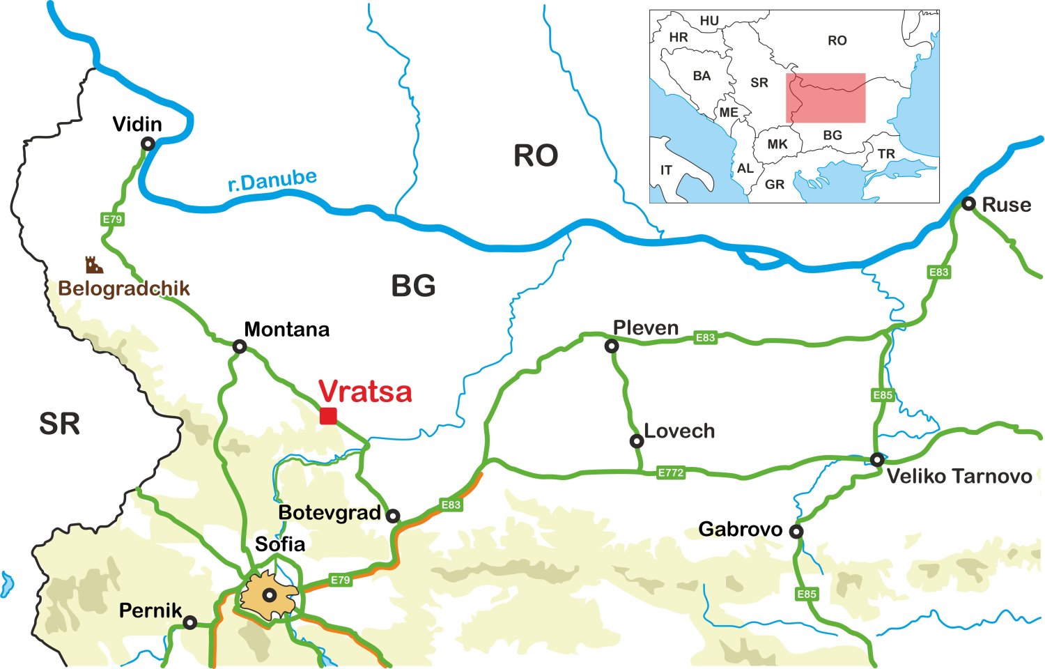 Враца върху картата на България