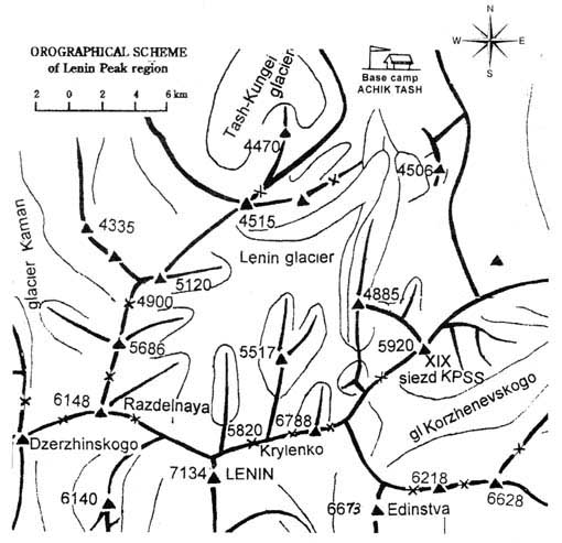 Карта на района на пик Ленин откъм лагер Ачик-Таш